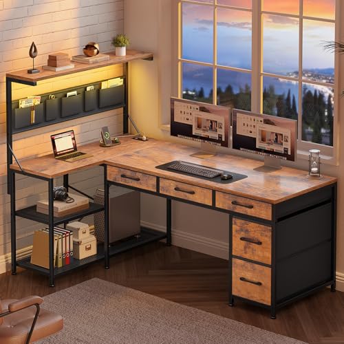 Itaar L Shaped Desk with 5 Drawers and Storage Shelves, Reversible Computer Desk with Bookshelf for Home Office, Corner Gaming Desk with LED Lights, Power Outlets and Storage Bad, Rustic Brown - color: Rustic Brown