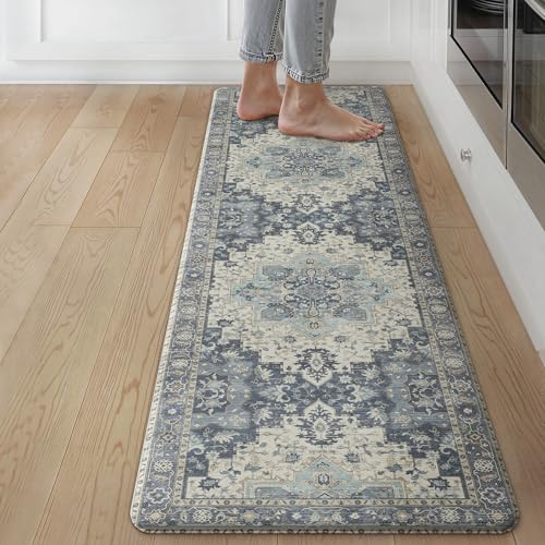 GENIMO Kitchen Mats for Floor, Washable Anti Fatigue Mat for Cushioned, 17.3"x59", Waterproof Kitchen Rugs, Non Slip Foam Comfort Standing Mat Rug for Home, Runner, Sink, Laundry, Center Blue - color: Center Blue, size: 59"L x 17.3"W x 0.4"Th