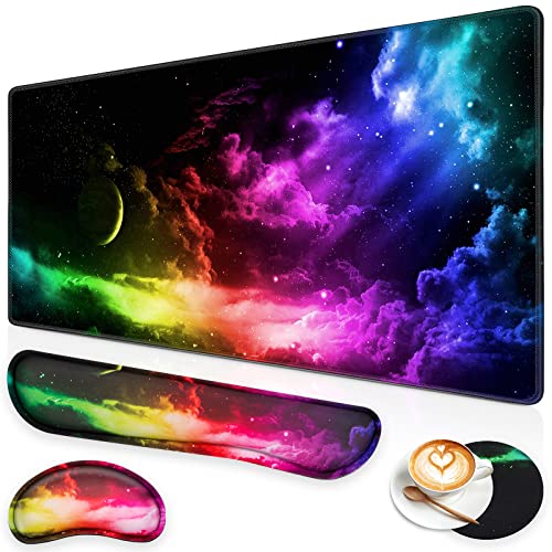 Canjoy Gaming Mouse Pad Set, 4-in-1 XXL Large Mouse Pad + Keyboard Wrist Rest Support+ Coaster, (35.4×15.7 in) Extended Desk Pad Memory Foam Non-Slip Desk Mat for Home Office - color: Colorful Aurora