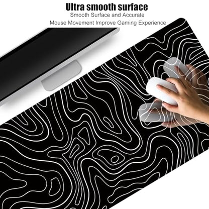 HGWALP Black Topographic Large Gaming Mouse Pad Extended XXL(900 * 400 * 3MM) Mouse Mat Long Desk Pad with Stitched Edges for Keyboard Home Office Gaming Work Big Desk Mat - color: Black TOPO