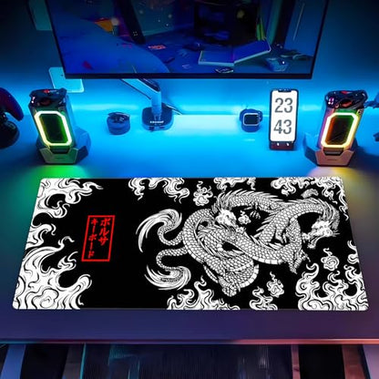 Japanese Dragon Desk Mat, Black White Large Gaming Mouse Pad 31.5x15.7 in | Stunning high contrast ink dragon desk pad providing elite tracking accuracy, plush support, and anti-fray borders. - color: Dragon