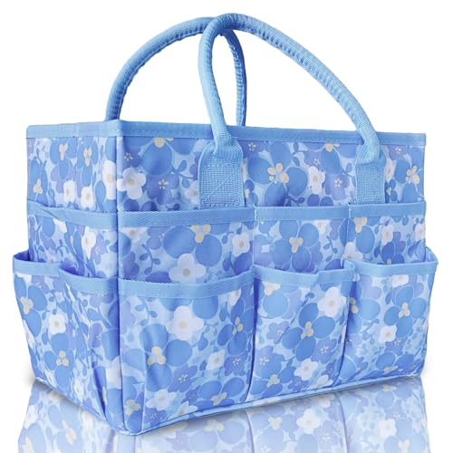 Cupohus Craft Organizer Tote Bag – Art Organizer, Craft Caddy with Multiple Pockets, Large Capacity Supply Storage Bag for Sewing, Knitting, Painting, and Travel（Blue Print） - color: Blue Flower