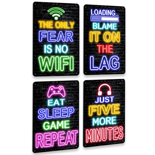 Drsoum Video Gamer Room Decor for Boys Gaming Wall Decor Neon Gaming Room Metal Sign 12 x 8 Inch Set of 4 - Gamer Wall Decor Teenage Boy Room Decor - color: Game Decor 2, size: 12 x 8 Inch x 4pcs
