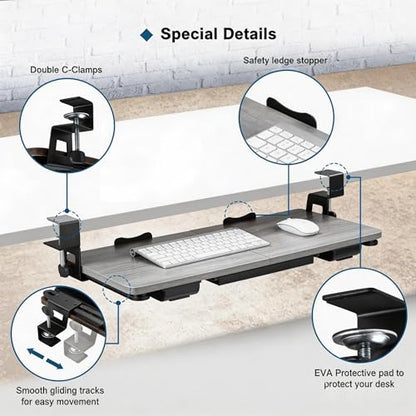 Keyboard Tray Under Desk with Drawer,26.77" X 11.81" Keyboard Tray Large Size with C Clamp-on Mount, Easy to Install, Save Space for Office Desk (Grey) - color: Grey