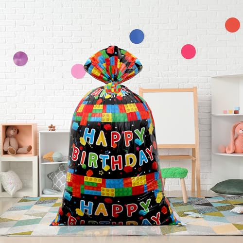 gisgfim 1Pcs Extra Large Birthday Plastic Gift Bags 37x56 Inch Oversized Party Gift Wrapping Bag Building Block Theme Party Decorations for Kids Boys Girls Happy Birthday Baby Shower Holiday Supplies - style: Building Block