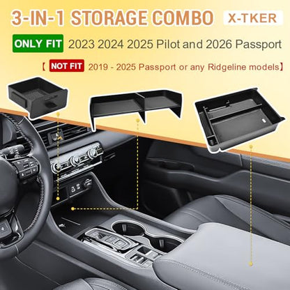3PCS Center Console Organizer Insert Tray Compatible with Honda 2023 2024 2025 Pilot & 2026 Passport Interior Accessories, Armrest Storage Box & Front Center Console Shelf & Glove Box Hidden Drawer