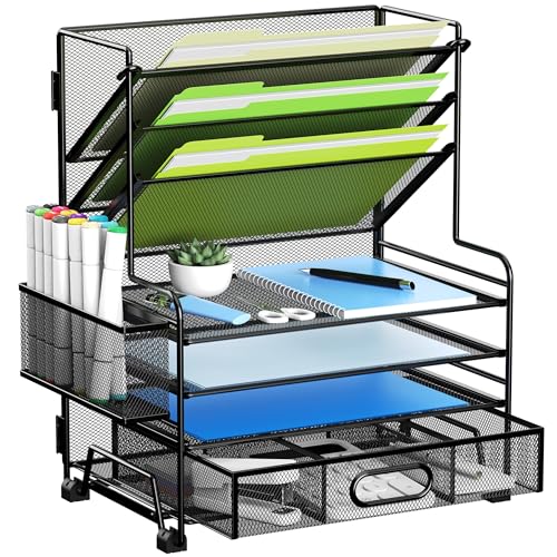 MINDEPOT 4-Tier Paper Organizer + 3-Pocket File Holder + Drawer + Pen Holders, Desktop File Organizers Paper Tray for Office Accessories School Classroom Organization (Black) - color: Black
