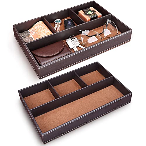 GORESE 2 Pieces Faux Leather Valet Tray for Men, Stackable Jewelry Trays for Drawers, Mens Dresser Top Organizer for Key, Wallet, Sunglass, Watch, Coin, Phone, Nightstand Bedside Tray Brown - color: Brown-2 Set