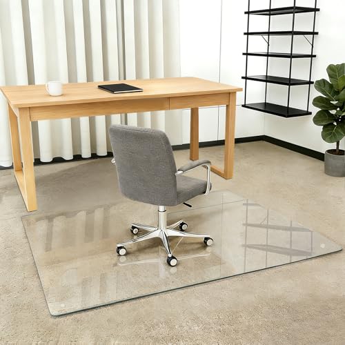 [Tempered Glass] Glass Office Chair Mat for Carpet Heavy 57" x 42"-1/5" Thick Premium Tempered Glass Duty Hard Glass Chair Mats -for Office Chair on Carpet or Hard Floor with 4 Anti-Slip Pads - size: 57" x 42"