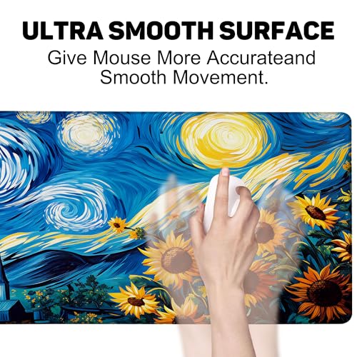Starry Night and Sunflowers Gaming Mouse Pad with Stitched Edges Non-Slip Rubber Base Mouse Pad for Office,Computer,Keyboard,Laptop and Home Desk,31.5 x 11.8 Inch - color: Starry Night and Sunflowers, size: 11.8*31.5inch