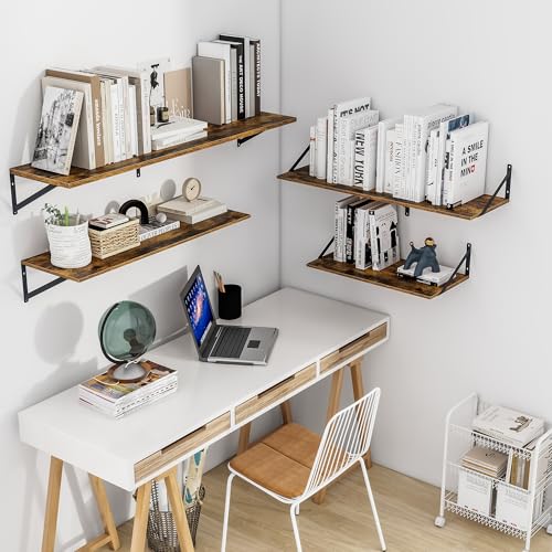 Heimlove Deep Floating Shelves for Wall, 24W x 12D Wood Wall Shelves Set of 2, Wide Floating Bookshelf for Living Room, Kitchen, Office, Bedroom and Decor Storage, with Metal Bracket - Rustic Brown - color: Rustic Brown With Black Metal Bracket, size: 24w