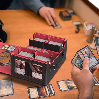 Commander Deck Box for MTG Fits 400+ Double-Sleeved Card Storage, 4 IN 1 Removable Card Case with Multi-purpose Deck Case, Display Window for TCG/PTCG/EDH, 4 Magnetic One Touch Holders(Black Red) - color: Black Red