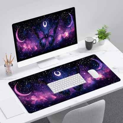 Butterfly Desk Mat Gaming Mouse Pad 31.5 x 11.8 Inch Star Moon Purple Pink Dreamy Mousepad Extended Large Laptop Keyboard Non-Slip Rubber Base with Stitched Edges for Home - color: Butterfly, size: 11.8W x 31.5L inches