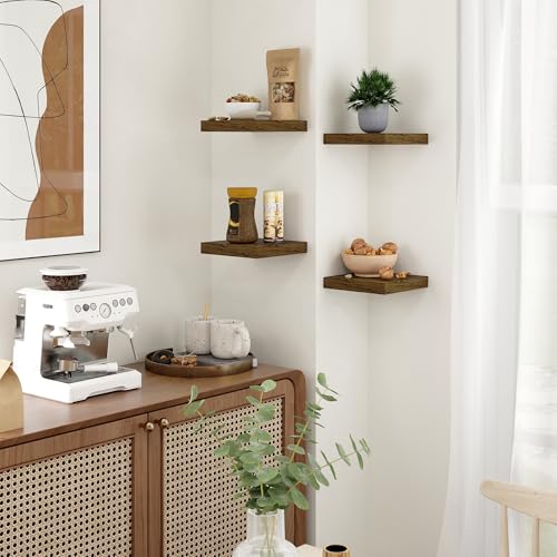 Fun Memories Floating Shelves for Wall - 7.5 Inch Square Shelves with Invisible Brackets, Brown Small Wall Shelf for Living Room, Bathroom, Bedroom, and Kitchen Decor Set of 4 - color: Brown, size: 7.5"W x 7.5"D - 4P