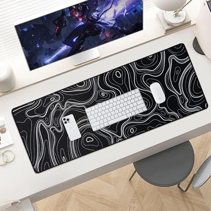 ALOANES Waterproof Mouse Pad with Durable Stitched Edge, Gaming Keyboard, Non-Slip Rubber Base, Extended Desk pad for Gamer, Office& Home, Black Topographic Map Mousepad 3XL(35.43"x15.74"x0.12") - color: 02- Topographic Map Black, size: 3XL(35.4" x 15.7")