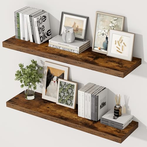 36 Inch Floating Shelves, 12 Inch Deep Floating Shelves for Wall, Extra Deeper & Thicker Wooden Wall Shelf with Invisible Brackets, Shelf for Bedroom Home Decor（Rustic Brown, Set of 2） - color: Rustic Brown, size: 36"W x 12"D x 2"H, Set of 2