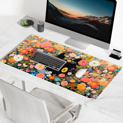 BOSOBO XXL Gaming Desk Mat, Extended Mouse & Keyboard Mat, Anime Cat Pink Flower Bush - 31.5 x 11.8 Inches - color: Anime Cat Flower Bush, size: XL - 31.5 x 11.8 Inches
