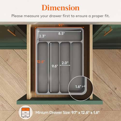 Lifewit Silverware Drawer Organizer Tray, Plastic Cutlery Storage for Kitchen, Flatware and Utensil Holder Divider for Spoons Forks Knives Tableware, 9.1 x 12.6", 5 Slots, Gray - color: Gray, size: 9.1 x 12.6 inch (5 Slots)