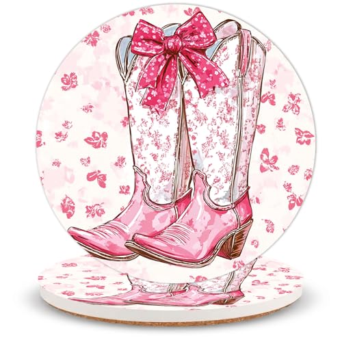 Cowgirl Boot Ceramic Coasters of 2 with Cork Backing Absorbent Cup Coaster | Non-Slip Coasters for Drinks and Coffee Table Office Desk Home Decor, Gifts for Cowgirl Fans, Mom, Western Lovers - color: Cowgirl Boot