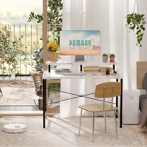 Pamray 32 Inch Small Computer Desk with Monitor Stand, Simple Office Desk with Headphone Hook for Small Spaces, Kids Study Writing Table for Bedroom, Marble - color: Marble, size: 32 Inch