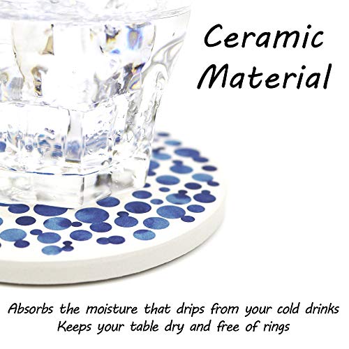 AD Set of 6 Coasters for Drinks Absorbing Round Ceramic Stone Coaster with Cork Base,Tabletop Protection Mat for Mugs and Cups,Office,Kitchen (Indigo Blue with Holder) - style: Indigo Blue with Holder