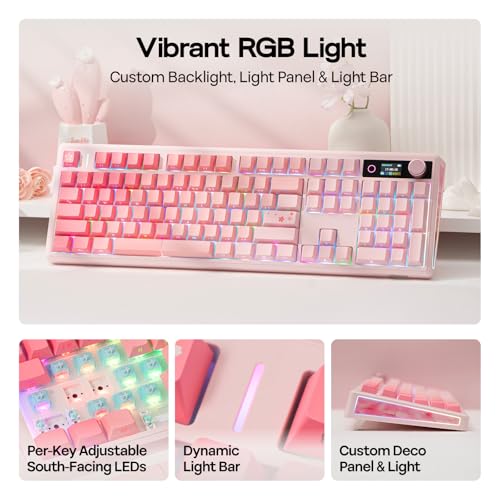 EPOMAKER TH108 V2 PRO Full Size Mechanical Keyboard with Screen&Knob, 10000mAh, BT/2.4Ghz, Mac Modifier PBT Keycap, Hot Swap, RGB, Gasket, Wireless Gaming Keyboard for Mac/PC (Pink, Sea Salt Silent) - color: Pink, size: Sea Salt Silent
