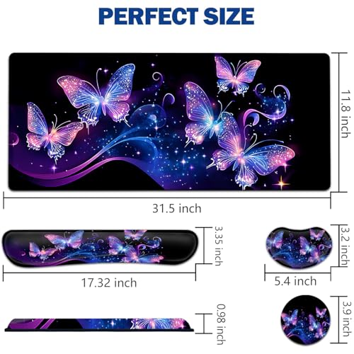 Large Mouse Pad + Keyboard Wrist Rest Set, Extended Gaming Mousepad (31.5X11.8 inch) with Non-Slip Rubber, Ergonomics Memory Foam Mouse Wrist Rest Support, Fantastic Butterfly Black XXL Desk Pad - color: Yu-Mouse Pad-3-B36