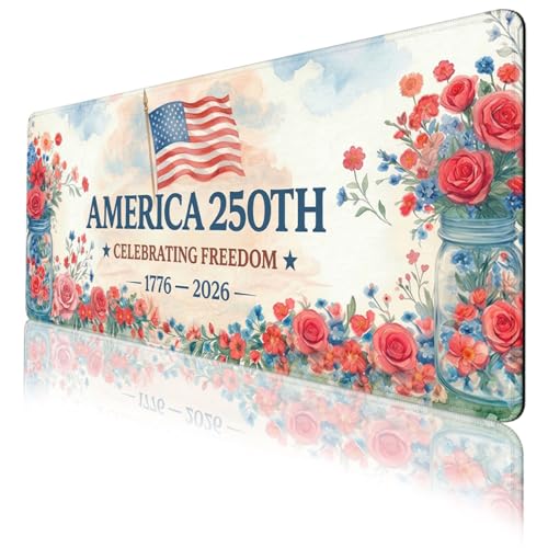 America 250 Gaming Mouse Pad Flowers Floral America Flag Large Gaming Mouse Mat with Stitched Edges,Non-Slip Waterproof Rubber Base Mous Mat 31.5x11.8 Inch - color: America 250, size: 31.5" x 11.8"