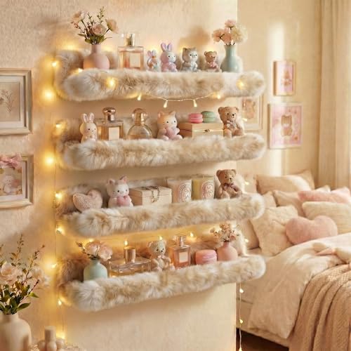 Care&More YJ 15 Inch Nail Polish Shelves, 4-Pack Fuzzy Display Nail Polish Rack for Storing Nail Bottles, Sunglasses, Essential Oils, Plush Soft (Brown) - color: Brown