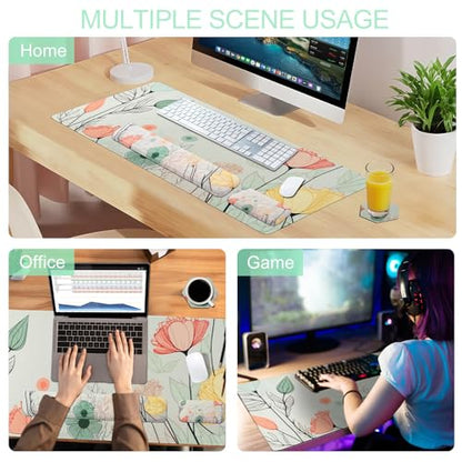 Petmolico Mouse Pad Set Wrist Rest with Keyboard Desk Pad,Mouse Pad with Wrist Rest,Typing Wrist Pad and Cup Coasters,Ergonomic Design for Typing Pain Relief[Light Brown,Big Flower] - color: Green