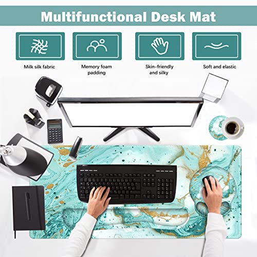 ARTSO Large Mouse Pad Set, Ergonomic Keyboard Wrist Rest Support, Memory Foam Gel Extended Non-Slip Desk Blotter Pad for Office, Home, Teal Turqoise Marble - color: Teal Turqoise Marble
