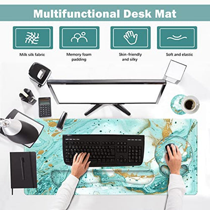ARTSO Large Mouse Pad Set, Ergonomic Keyboard Wrist Rest Support, Memory Foam Gel Extended Non-Slip Desk Blotter Pad for Office, Home, Teal Turqoise Marble - color: Teal Turqoise Marble