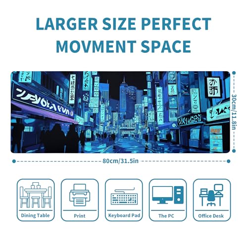 Dark Blue Japanese Gaming Mouse Pad Abstract Anime Mat 31.5x11.8 Inch Tokyo Pixel Street Texture Non-Slip Rubber Base Kawaii Mousepad Stitched Edges Keyboard Desk Pad for Office and Home Game - color: Japanese Street