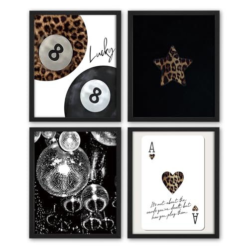 NaZaUK Y2K Room Decor Posters, Leopard Print Wall Art Set of 4, Lucky 8 Ball Prints, Disco Ball Wall Decor, Playing Card Aesthetic Artwork for Teen Girls Bedroom Dorm Apartment, Unframed - color: leopard7