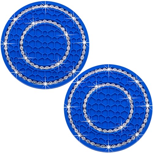 2PCS Bling Crystal Rhinestone Cup Holder Coaster, 2.75 inch Soft Silicone Anti-Slip Shockproof, Car Cup Holder Insert Coasters, Universal Car Interior Accessories for Women (Deep Blue & White) - color: Deep Blue & White, size: 2 pcs