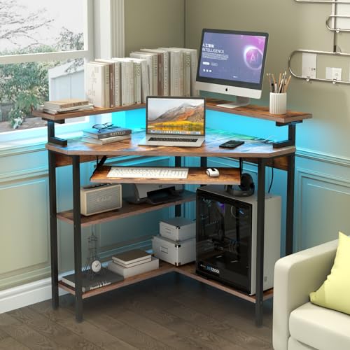 Auromie Corner Desk with Charging Station & LED Light, Triangle Corner Desk with Monitor Stand & Keyboard Tray for Small Space, Gaming Computer Desk with Storage Shelves for Home Office (Rustic) - color: Rustic Plus