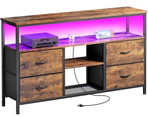 Huuger 47 Inch TV Stand Dresser with Power Outlets and LED Lights, Fabric Dresser for Bedroom, 4 Drawers Entertainment Center with Open Shelf, Media Console for 55 50 Inch TV, Rustic Brown - color: Rustic Brown, size: 47.2 Inches