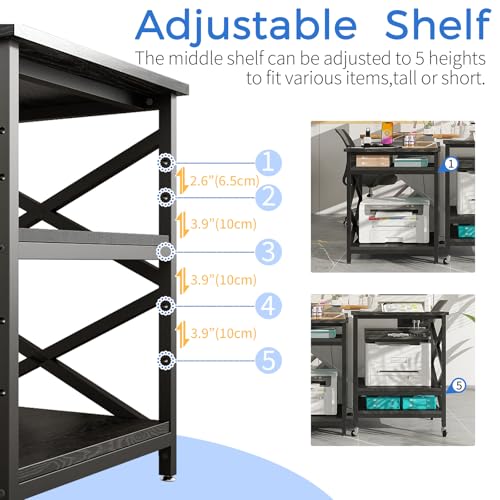 METYERRY Large Printer Stand with Power Outlet, with Height Adjustable Storage Shelf, 3 Tier Rolling Printer Cart with Industrial Wheels, 23.6 x 23.6 Inches Printer Table for Home Office,Black - color: Black