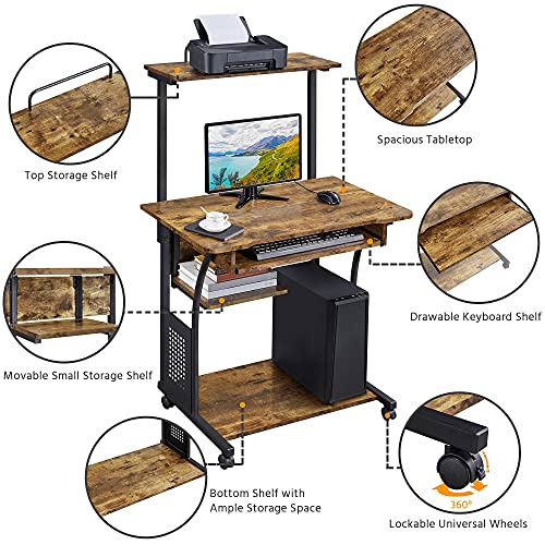 Yaheetech 3 Tiers Rolling Computer Desk with Keyboard Tray and Printer Shelf for Home Office, Mobile Computer Desk for Small Space, Retro Computer Table Compact PC Laptop Workstation, Rustic Brown - color: Rustic Brown