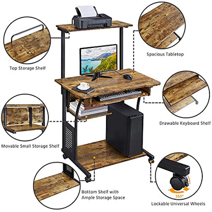 Yaheetech 3 Tiers Rolling Computer Desk with Keyboard Tray and Printer Shelf for Home Office, Mobile Computer Desk for Small Space, Retro Computer Table Compact PC Laptop Workstation, Rustic Brown - color: Rustic Brown
