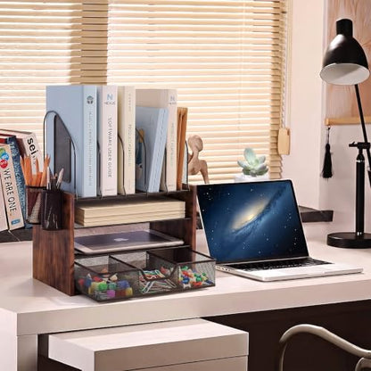 Wood Desk Organizer - 4-Tier Desktop File Organizer with Drawer, Wooden Paper Tray, Vertical File Holders & 2 Pencil Holders - Office Desk Organizer for Papers, Mail, Notebooks, Stationery - size: 4 Tier Drawer with Vertical File Holder