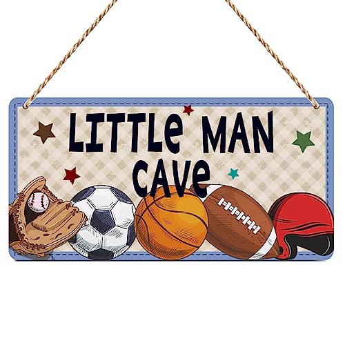Boys Sports Little Man Cave Sign Boys Room Decor Soccer Basketball Baseball Football Wall Decor Wooden Hanging Plaque Wood Sign Home Bathroom Living Room Farmhouse Playroom Bedroom Nursery Decor - color: polychromatic716