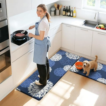 Kitchen Mats, 2PCS Non-Slip Cushioned Rugs, Anti-Fatigue Waterproof Floor Rug, Washable Standing Desk Mat, Home Laundry Office Apartment Decor and Accessories (17.3" ×47" +17.3" ×30"-Blue) - size: 17.3"W×47"L+17.3"W×30"L-0.4"Th