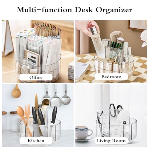 JIKIOU Acrylic Pen Holder, 360-Degree Rotating Pen Holder for Desk, Clear Desk Organizers and Accessories with 5 Compartments Pencil Organizer, Art Supply Storage Box Caddy for Office, Home