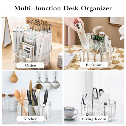 JIKIOU Acrylic Pen Holder, 360-Degree Rotating Pen Holder for Desk, Clear Desk Organizers and Accessories with 5 Compartments Pencil Organizer, Art Supply Storage Box Caddy for Office, Home