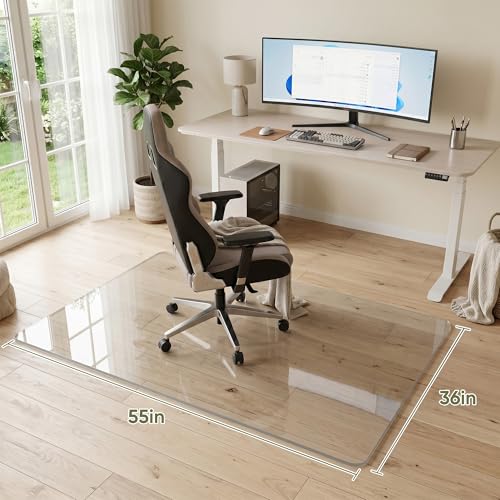Tempered Glass Chair Mat for Hardwood Floor, 36" x 55" Heavy Duty Glass Office Chair Mat, for Low Pile Carpet, 0.2" Thick with 4 Non-Slip Pads, Smooth Rolling for Home & Office - size: 36" x 55"