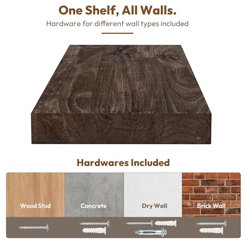 Flat Edge Elm Wood Floating Shelf with Invisible Bracket 55”American Walnut - color: American Walnut, size: 55”,set of 1