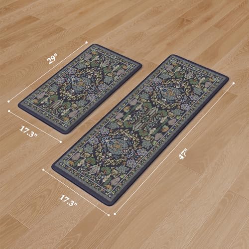 KIMODE Anti Fatigue Kitchen Mats for Floor 17"x47"+17"x29", Dark Blue Vibrant Floral Kitchen Rugs, Non Slip Waterproof Kitchen Floor Mats, Comfort Standing Mats for Laundry Office Sink Desk - color: Forest/Blue, size: 17.3" x 47"+17.3" x 29"--0.47 inches