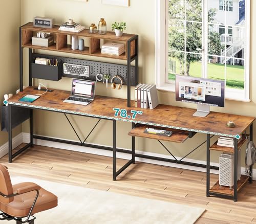 SEDETA L Shaped Gaming Desk with Hutch, 57.5” Reversible Corner Computer Desk with Storage Shelves, Gaming Desk with Pegboard, LED Lights, Power Outlet, Keyboard Tray (Rustic Brown) - color: Rustic Brown