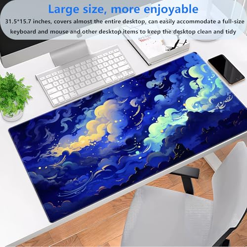 Galaxy Cloud Mouse Pad XXL - Extended Celestial Art Keyboard Desk Mat | Stunning large desk pad featuring a magical glowing cloud sea design. Perfect for cozy gaming and office setups. - color: Dark blue clouds
